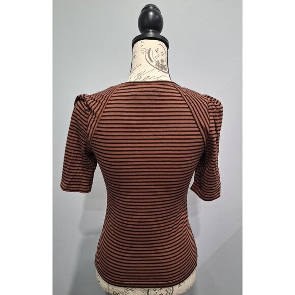 NWT Max Studio London Brown & Black Striped Puff Sleeve Scoop Neck Top/Sz. XS - Picture 2 of 8